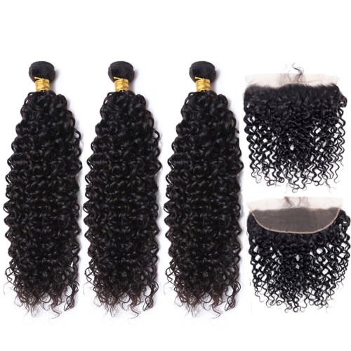 Fashion Jerry Curly Human Hair Bundles With Frontal For Women SLDBF-07